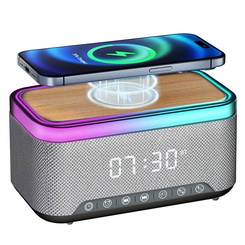 מטען אלחוטי מהיר 15W עם רדיו, רמקול Bluetooth ושעון דיגיטלי