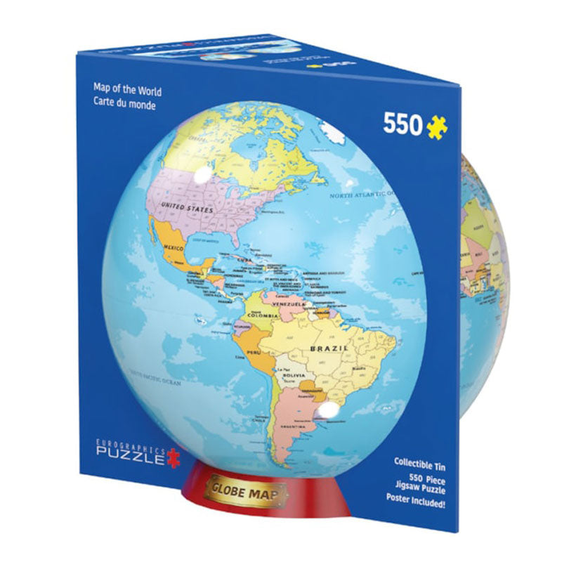 פאזל 550 חלקים מפת עולם בקופסת מתכת גלובוס