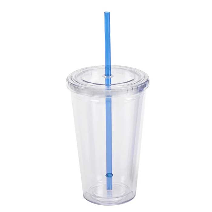 כוס עם קשית פלסטיק כחולה
