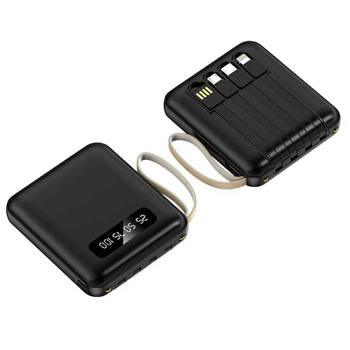 מטען נייד פאוורבנק 8,000mAh עם כבלים מובנים ופנס