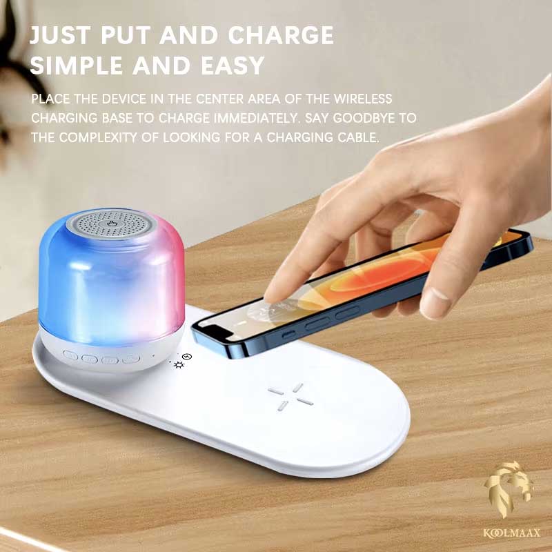 מטען אלחוטי מהיר 15W משולב עם רמקול Bluetooth ומנורת לילה נשלפת