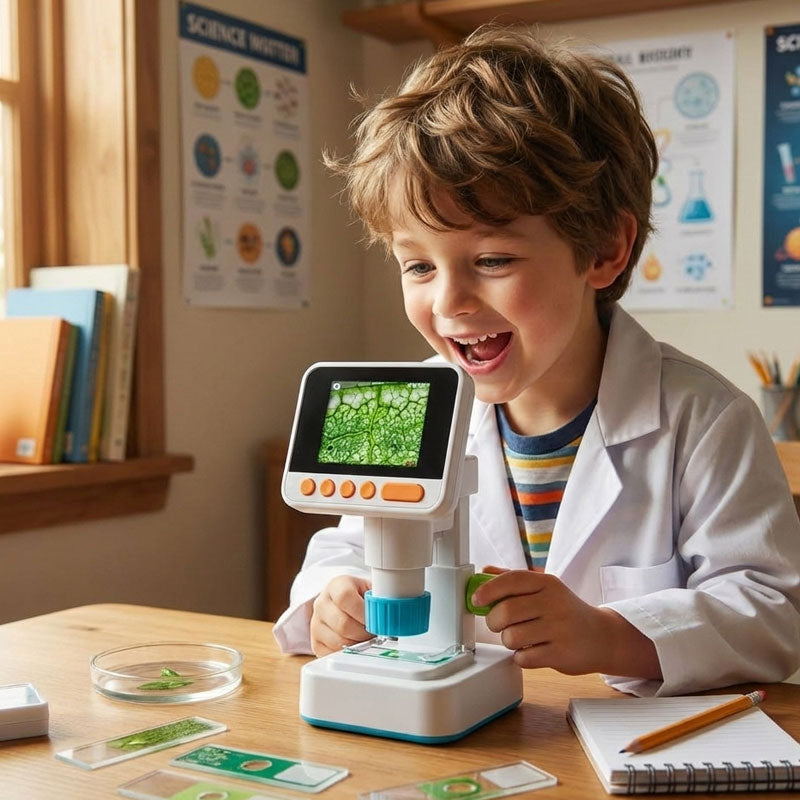 מיקרוסקופ דיגיטלי לילדים KON TIKI עם מסך LCD דולק המציג דגימה ירוקה, כפתורי שליטה כתומים וגלגלת פוקוס ירוקה