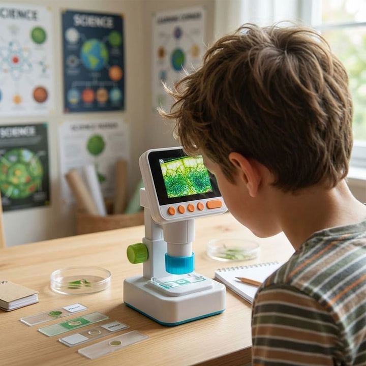 ערכת אביזרים למיקרוסקופ הכוללת דגימות מוכנות, זכוכיות נושאות, וכלי מעבדה