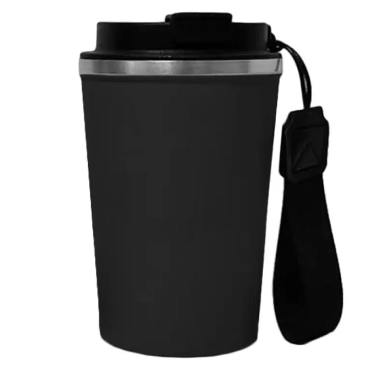 כוס תרמית שחורה מנירוסטה עם מכסה אטום ורצועת נשיאה צדדית