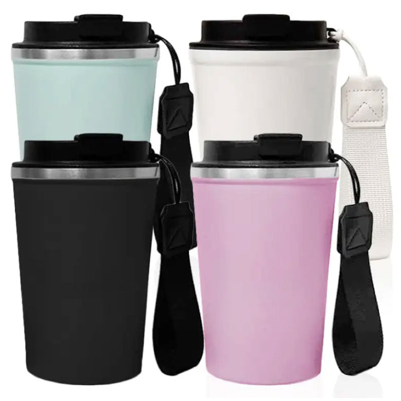 ארבע כוסות תרמיות מדגם Drix בצבעים מנטה לבן שחור וורוד עם רצועות נשיאה