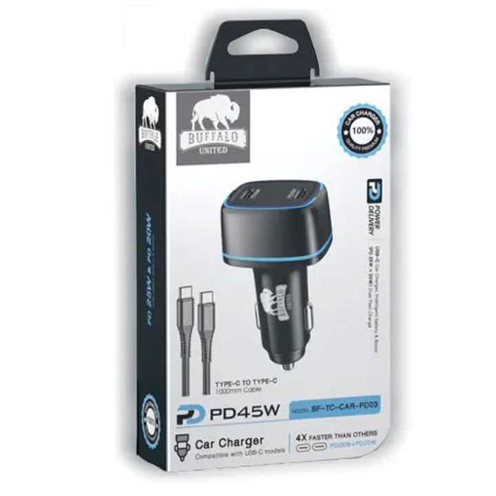 מטען לרכב כפול ומהיר 45W עם שתי יציאות PD וכבל טעינה