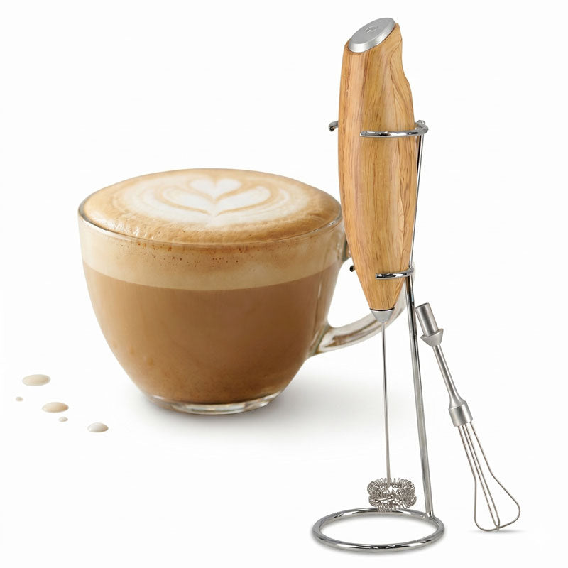 מקציף חלב חשמלי בעיצוב עץ עם זוג ראשים ומעמד שולחני