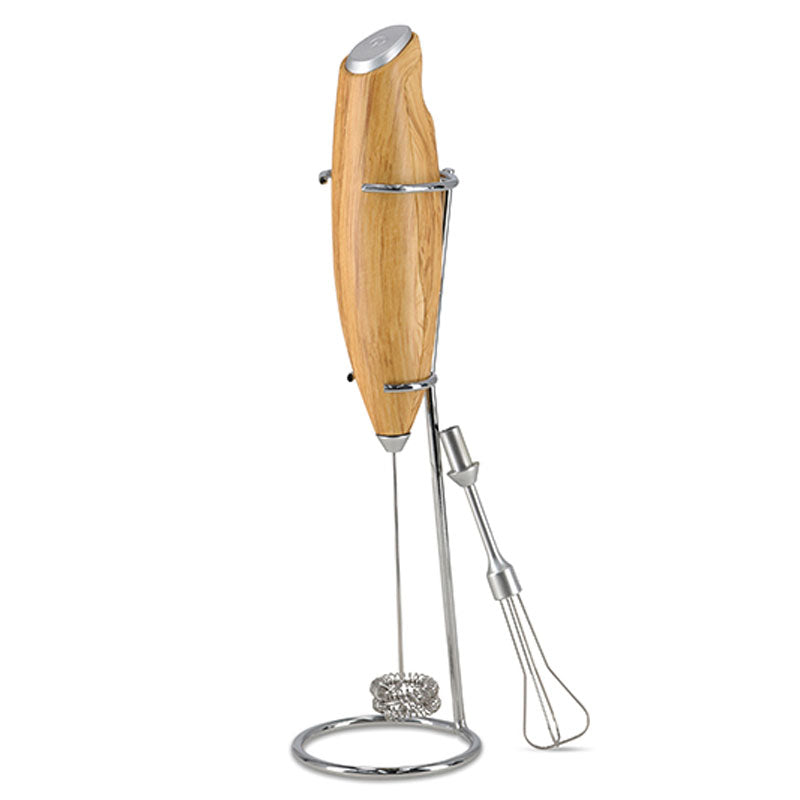 מקציף חלב חשמלי בעיצוב עץ עם זוג ראשים ומעמד שולחני