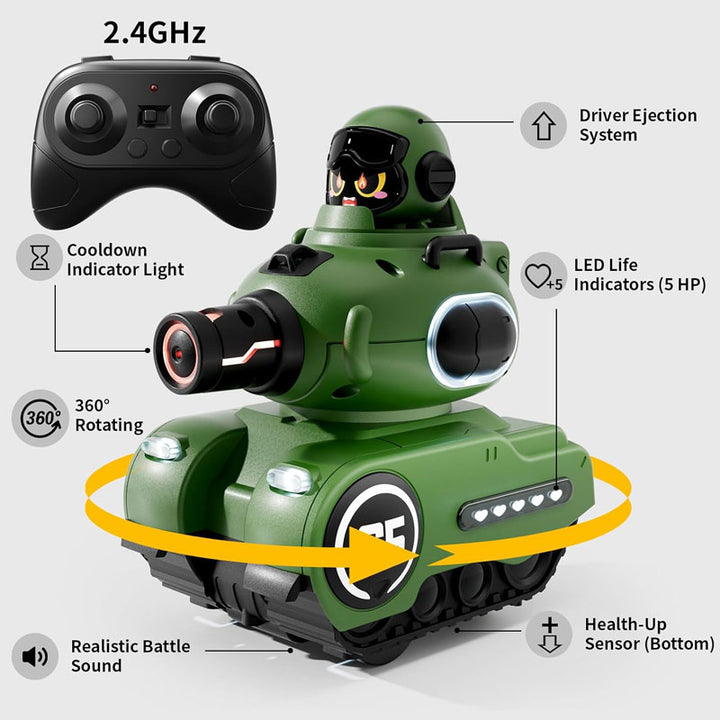 תיאור של הטנק, פנסים קדמיים, מסתובב 360 מעלות. שלט אלחוטי, נקודות חיים
