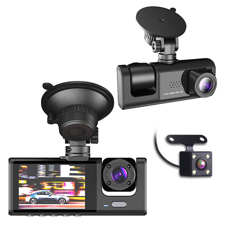 מצלמת דרך לרכב 3 מצלמות 1080P עם WiFi ומסך