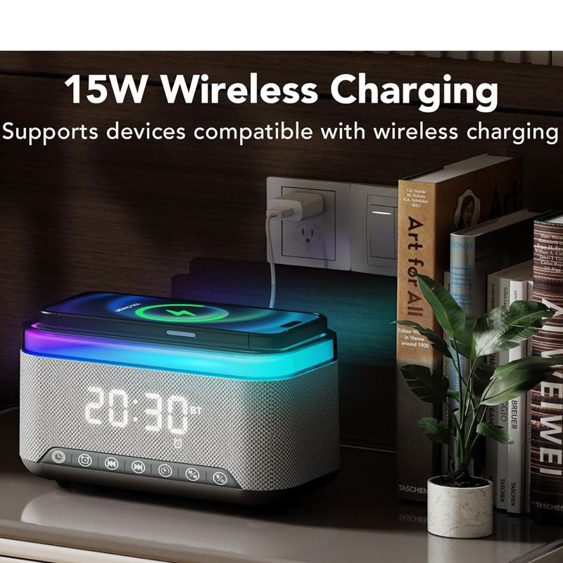 מטען אלחוטי מהיר 15W עם רדיו, רמקול Bluetooth ושעון דיגיטלי
