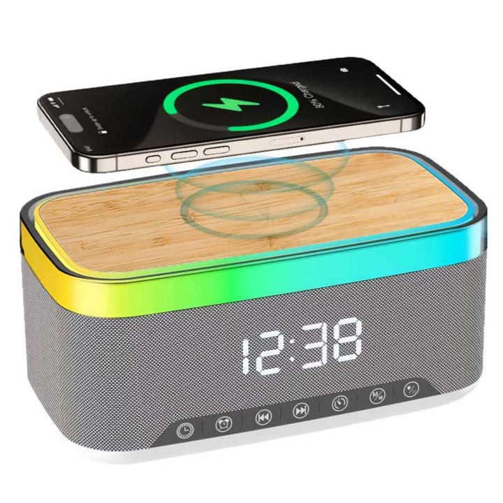 מטען אלחוטי מהיר 15W עם רמקול Bluetooth ושעון דיגיטלי