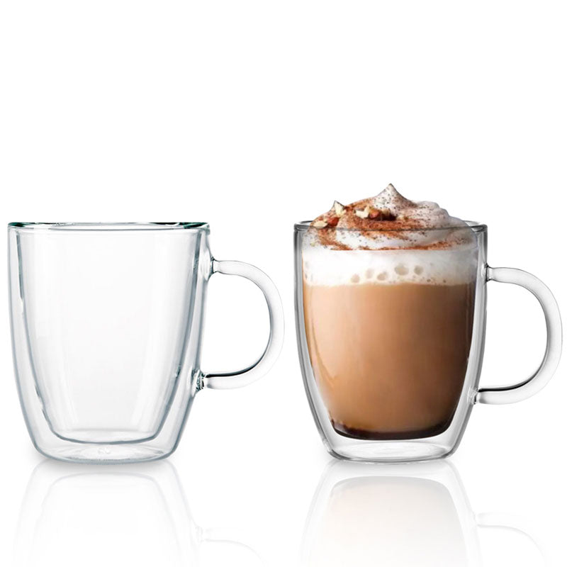 זוג כוסות זכוכית דופן כפולה עם ידית 350 מ"ל בורונדי למשקאות חמים וקרים
