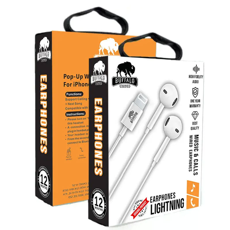 אוזניות חוטיות לאייפון BUFFALO בחיבור Lightning בצבע לבן