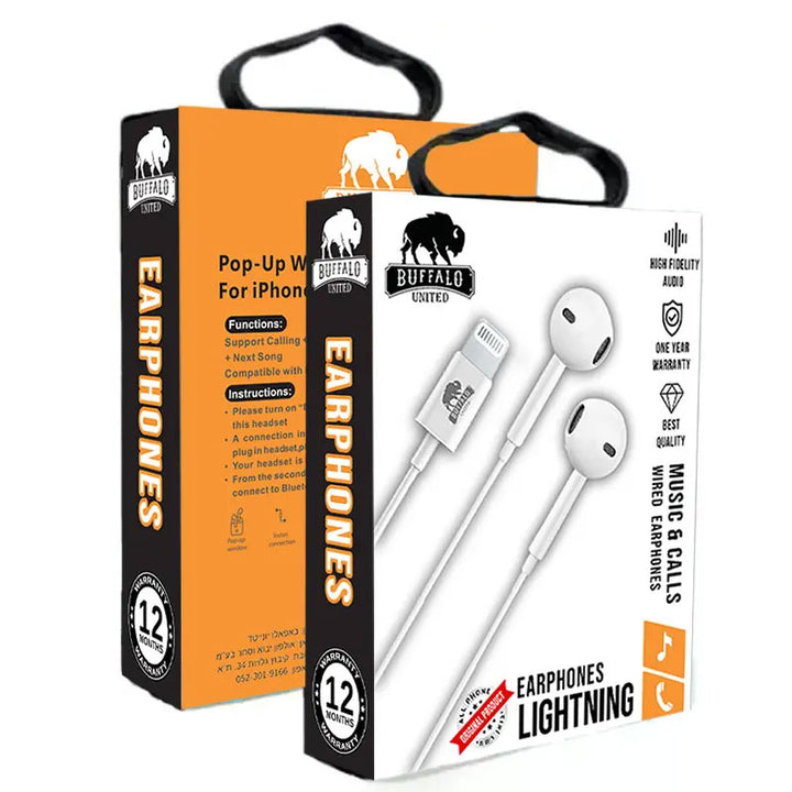 אוזניות חוטיות לאייפון BUFFALO בחיבור Lightning בצבע לבן
