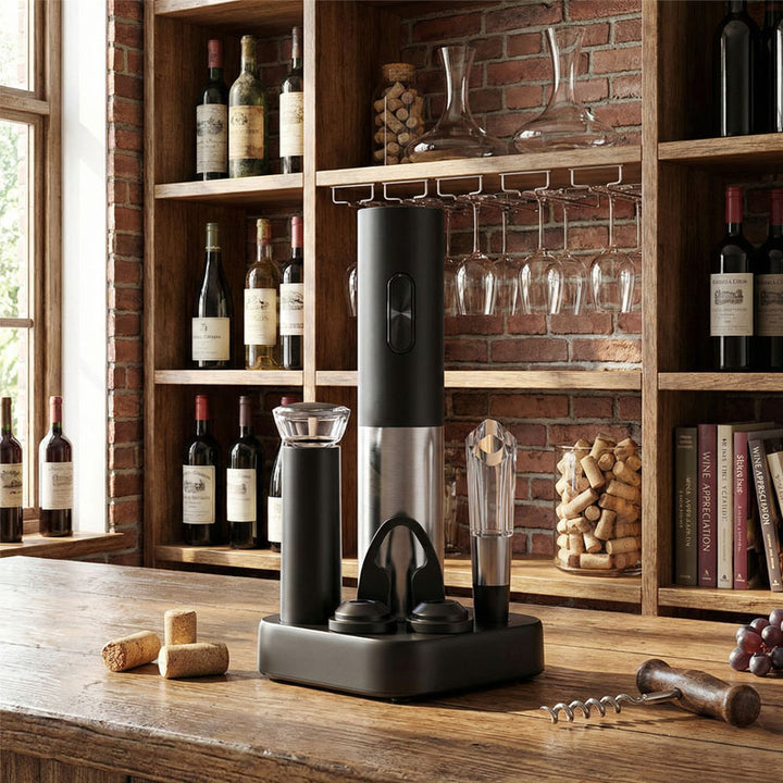 מארז אביזרי יין 7 חלקים עם פותחן חשמלי ומשאבת וואקום