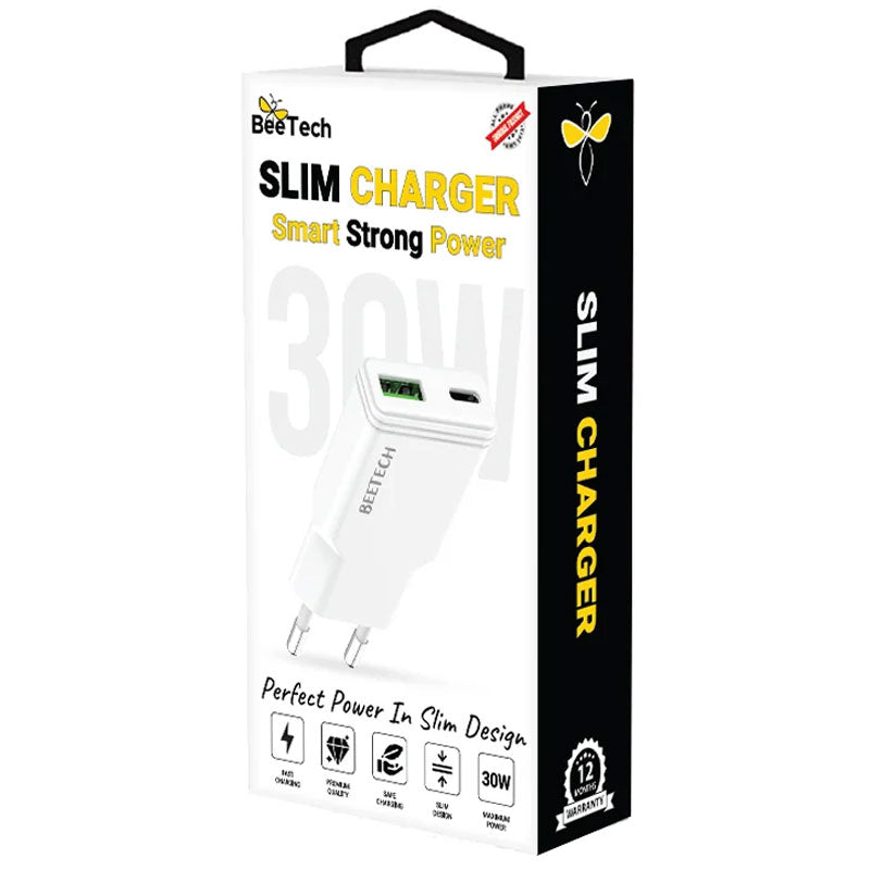מטען קיר מהיר 30W דק במיוחד כפול USB-C ו-USB-A מבית BeeTech