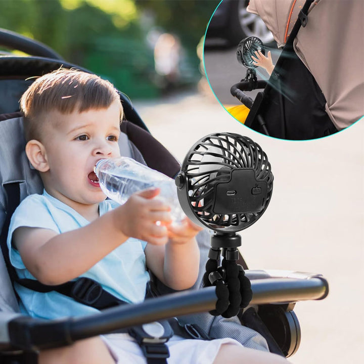 מאוורר נייד נטען עם חצובה גמישה ותאורת לד