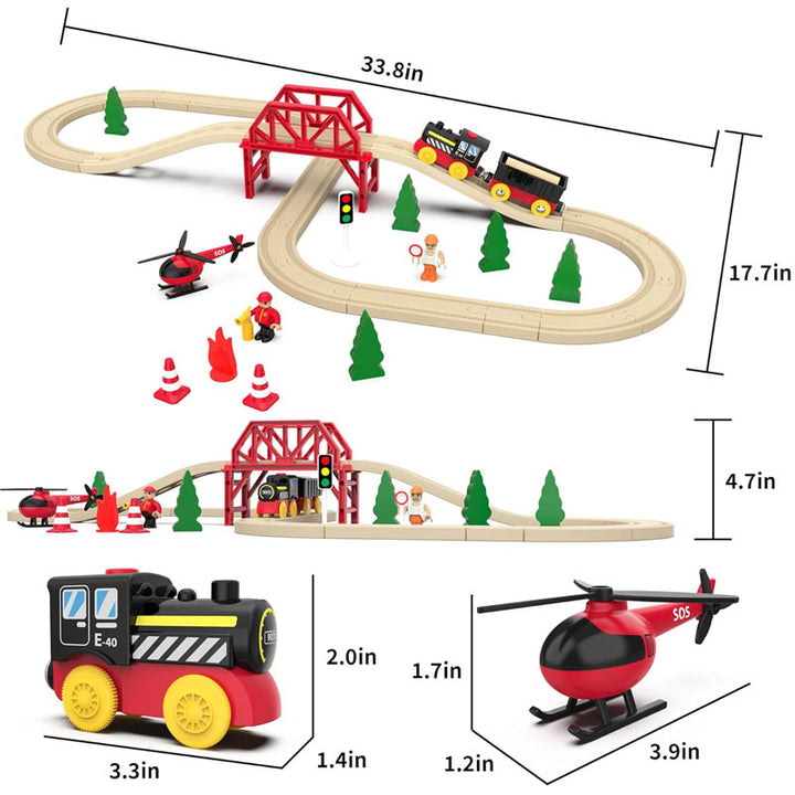 סט רכבת מעץ 41 חלקים פרוס עם דמויות, גשר אדום, רכבת חשמלית ומסוק - משחק הרכבה לילדים