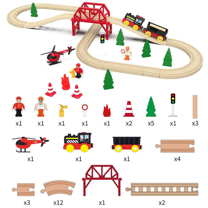 מסלול רכבת מעץ בנוי בצורת שמיניות עם גשר מעבר ורכבת נוסעת - תואם מסילות בריו
