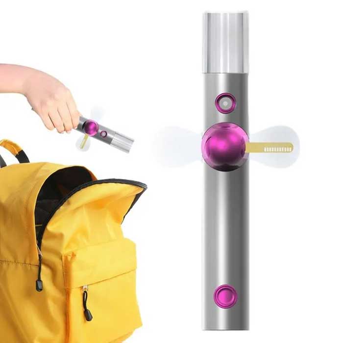מאוורר נטען עם מתיז מים וכיתוב לד
