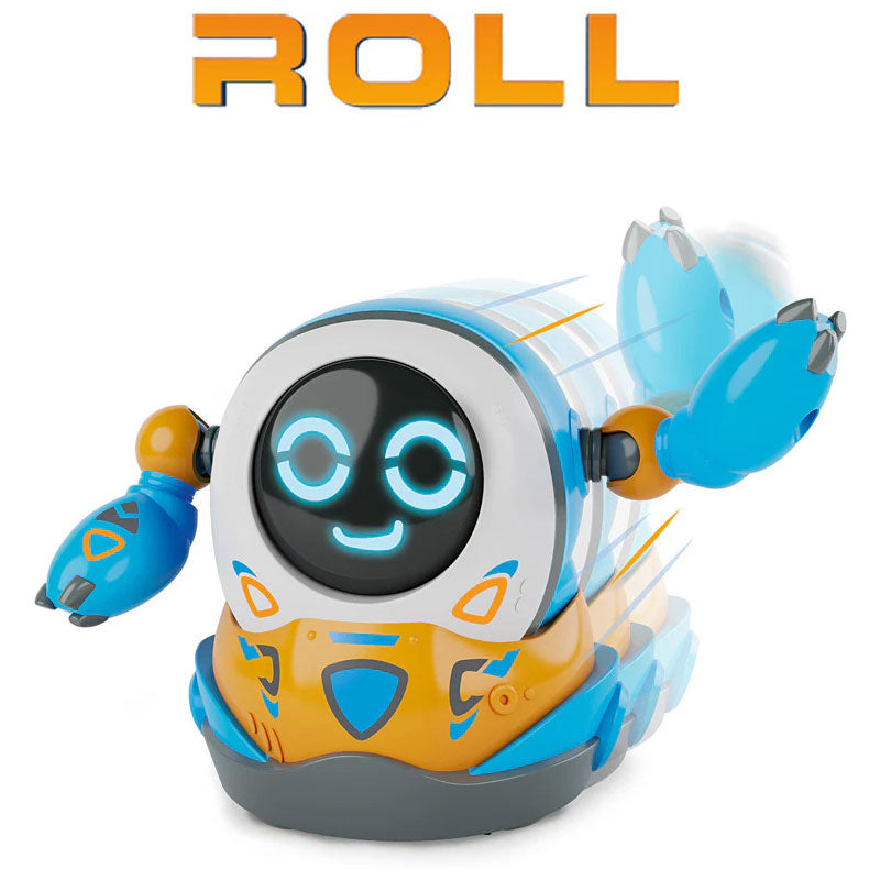 רובוט צעצוע אינטראקטיבי עם עיניים מאירות בלד כחול מחייך ונוסע במהירות