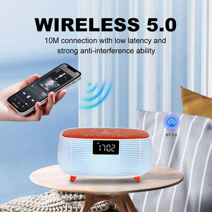 רמקול בלוטוס שולחני 16W משולב שעון מעורר מטען אלחוטי ורדיו