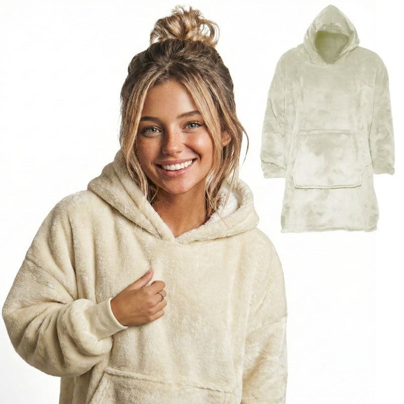 שמיכת קפוצ'ון לבישה בצבע שמנת עם כיס קדמי גדול וכובע רחב