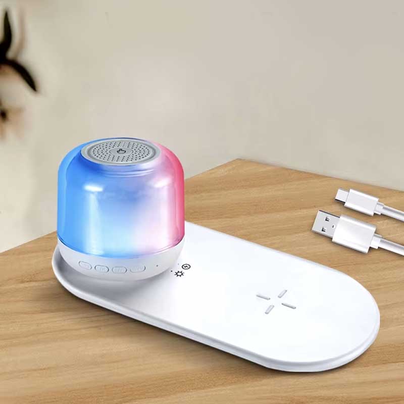 מטען אלחוטי מהיר 15W משולב עם רמקול Bluetooth ומנורת לילה נשלפת