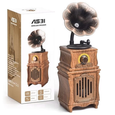 רמקול בלוטוס רטרו מעוצב בסגנון גרמופון קלאסי עם רדיו FM