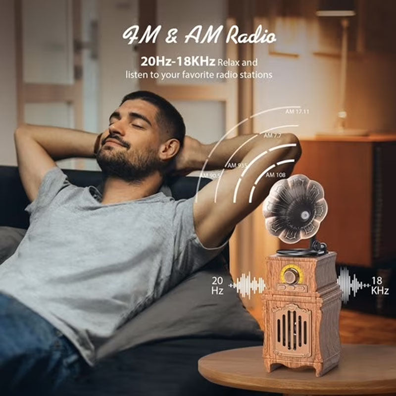 רמקול בלוטוס רטרו מעוצב בסגנון גרמופון קלאסי עם רדיו FM