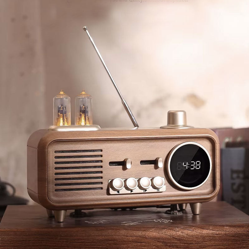 רדיו רטרו בלוטוס מעוצב דמוי עץ כולל תאורת שפופרות