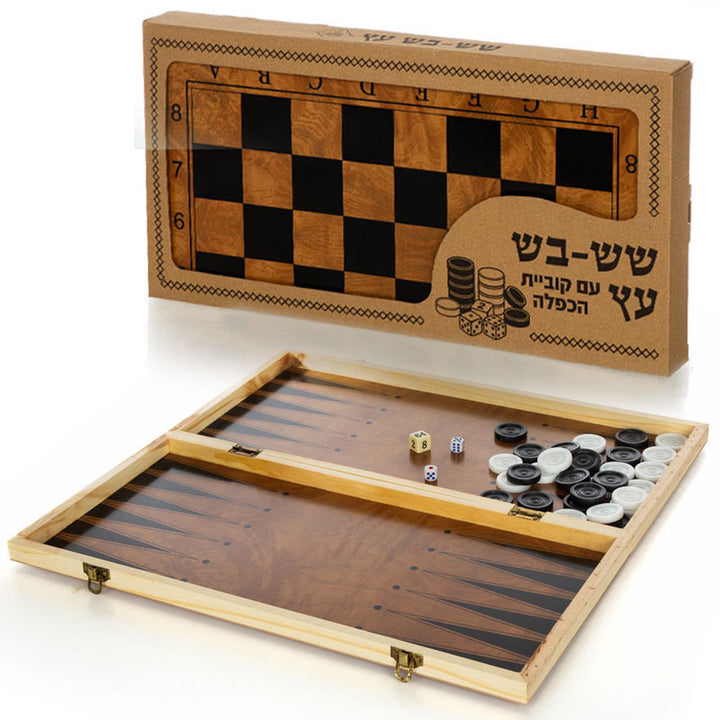 לוח שש בש עץ עם קוביית הכפלה
