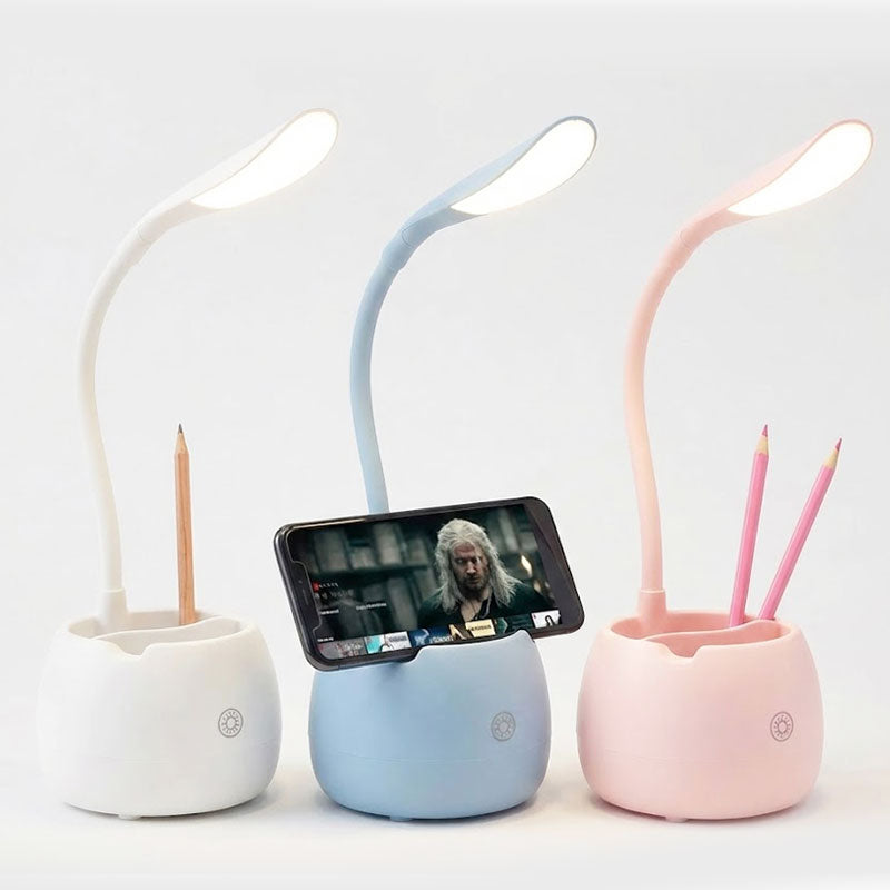 מנורת שולחן לד גמישה עם ארגונית ציוד ומעמד לנייד