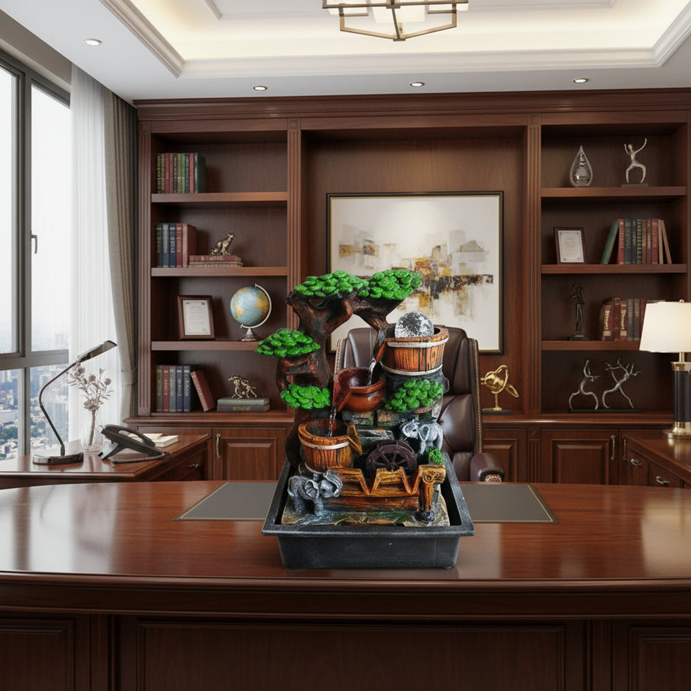 מפל מים בונסאי עם כדור מסתובב וקערות מים מדורגות