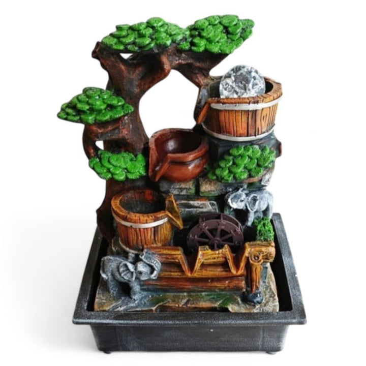 מפל מים בונסאי עם כדור מסתובב וקערות מים מדורגות