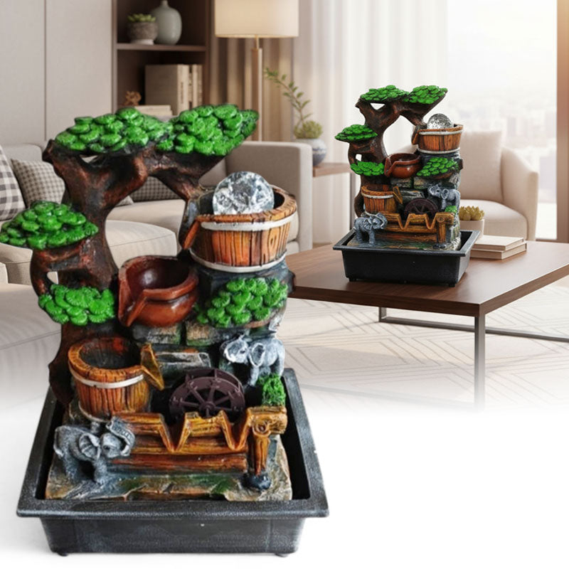 מפל מים בונסאי עם כדור מסתובב וקערות מים מדורגות