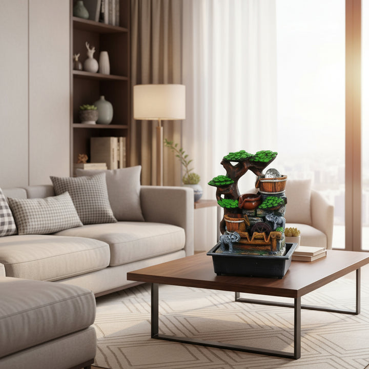 מפל מים בונסאי עם כדור מסתובב וקערות מים מדורגות