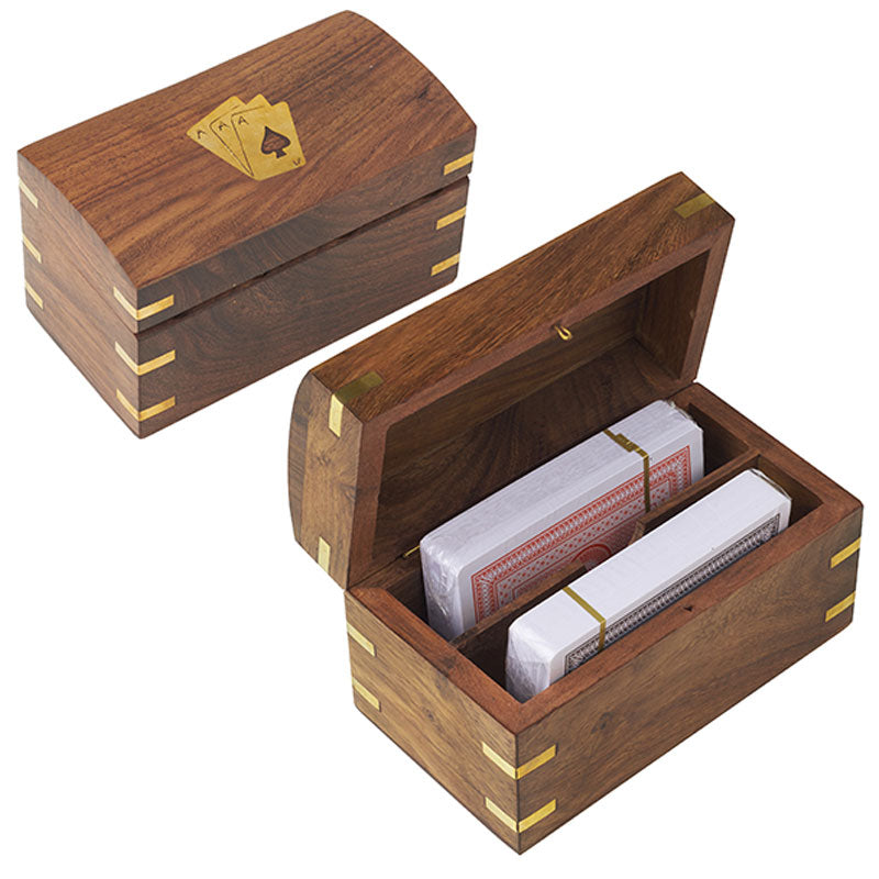 קופסת קלפים מעץ יוקרתי עם עיטורי נחושת ו2 חפיסות קלפי פוקר