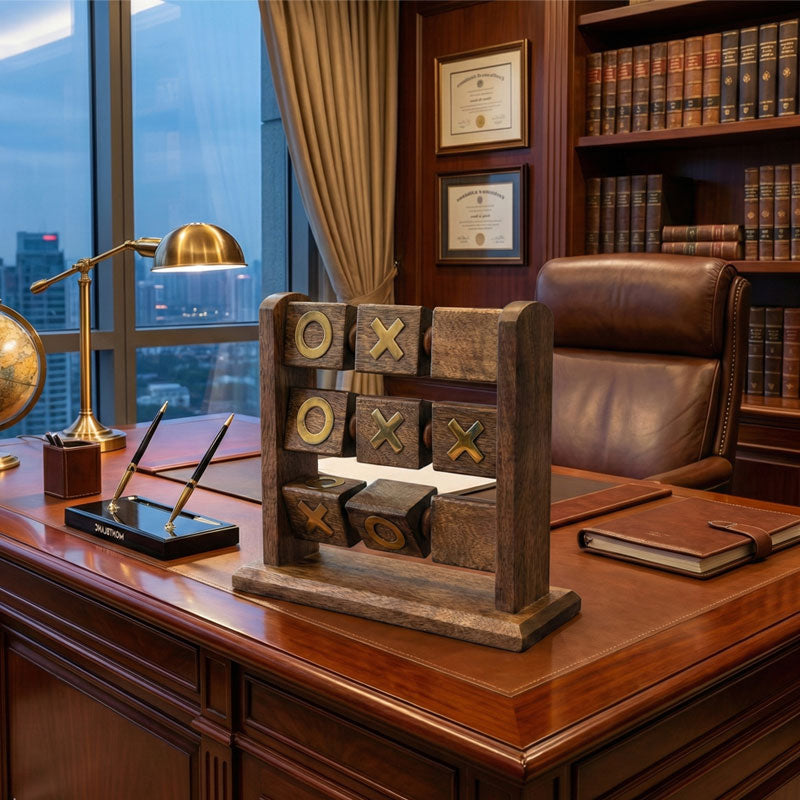 איקס עיגול שולחני מעץ ומתכת - משחק מנהלים יוקרתי ומעוצב