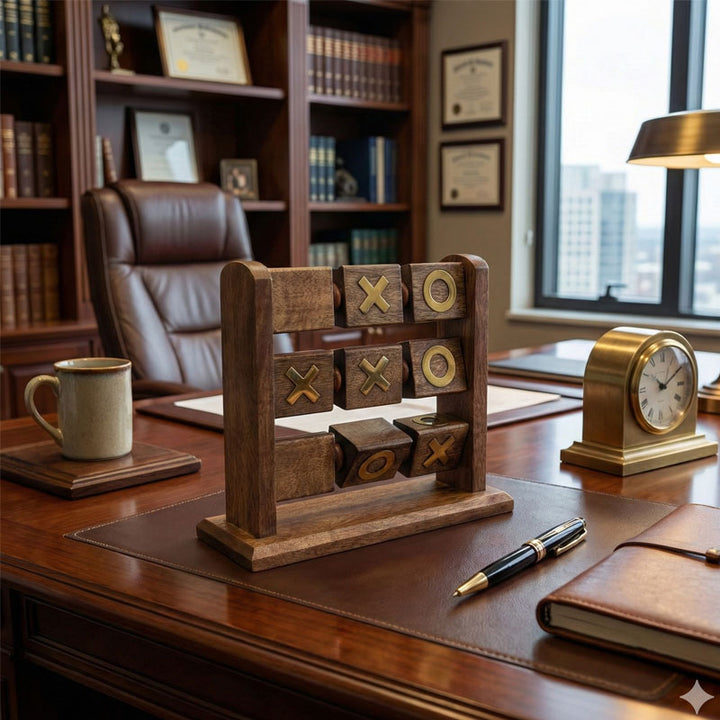 איקס עיגול שולחני מעץ ומתכת - משחק מנהלים יוקרתי ומעוצב